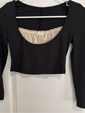 Black Long-Sleeve Scoop Neck Top with Cream Mesh Insert